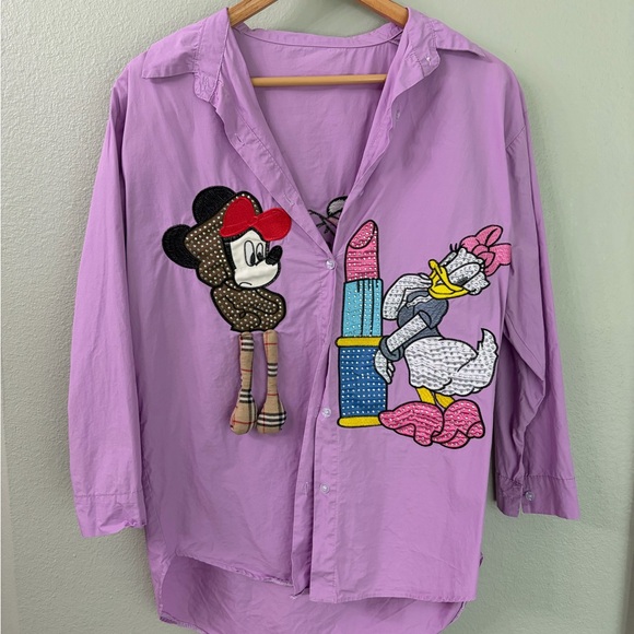 Tops - Purple button down shirt with Disney Character patches